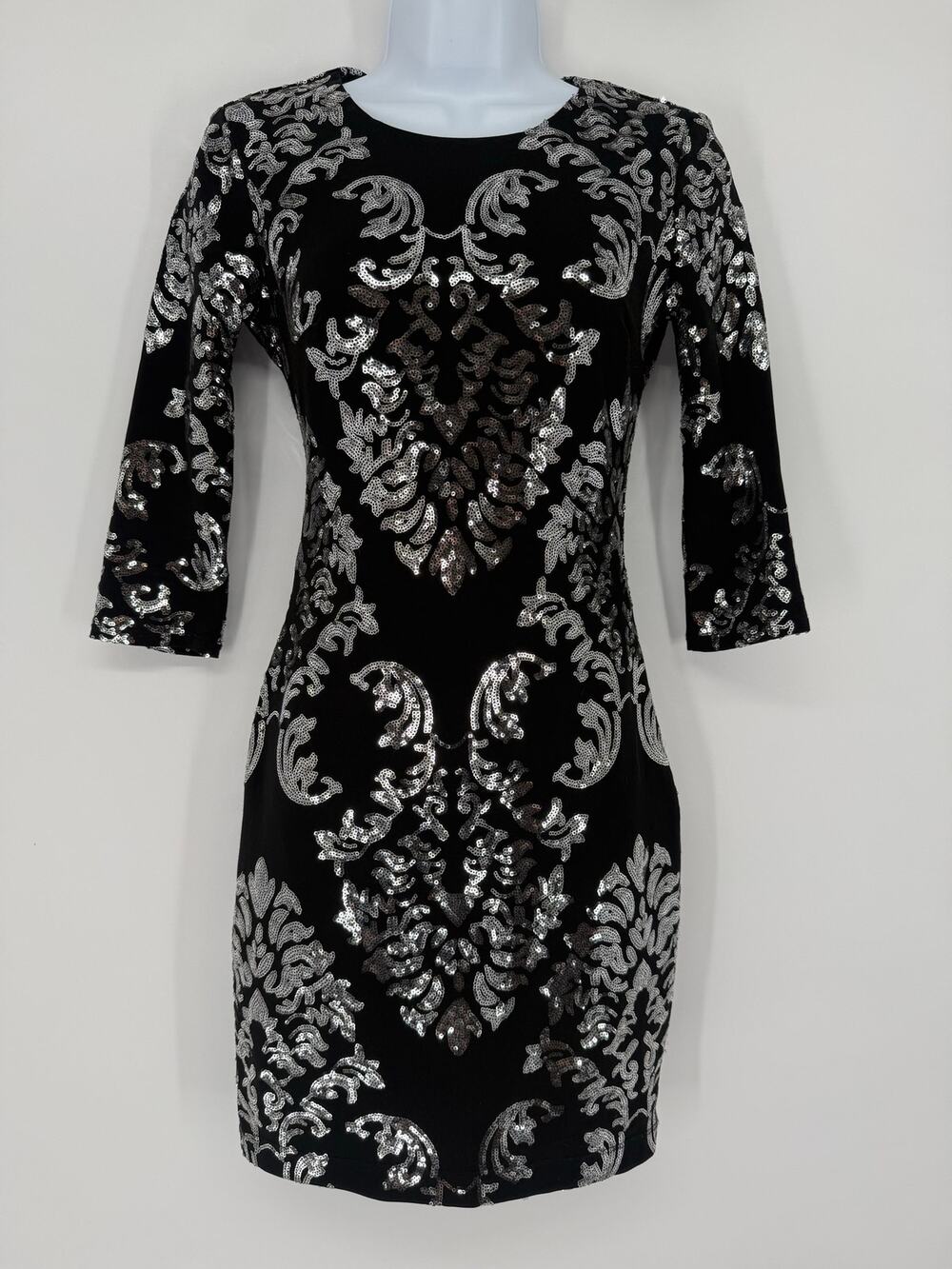 B Darlin Size 3/4 Black Silver Sequin Damask Bodycon Cocktail Mini Dress